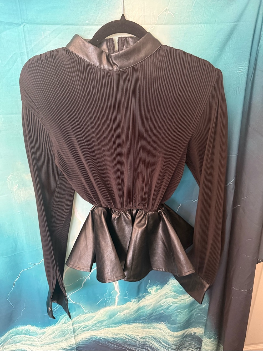 Pleated Black Long-Sleeve Top with Faux Leather Peplum